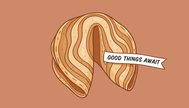 Fortune cookie illustration with a paper message saying good things await, isolated on a solid terracotta background.