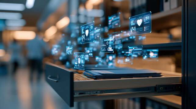 Open medical records cabinet drawer revealing glowing health data icons floating above folders with an empty clinical hallway behind, bright modern healthcare facility, crisp graph