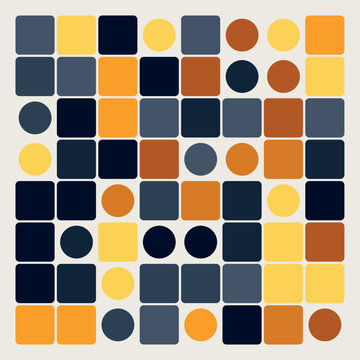 Abstract geometric pattern design featuring colorful rounded squares and circles in a grid layout composition style
