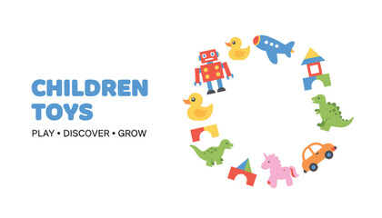 Fototapeta premium Colorful children toys logo featuring a playful circle of a toy car, duck, dinosaur, unicorn, robot, and blocks.
