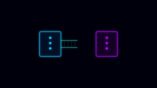 Neon glowing digital data link connecting two node blocks abstract network animation vector illustration