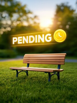 Pending text graphic illustration with clock icon on bench park background during golden hour sunset sunlight warm tones