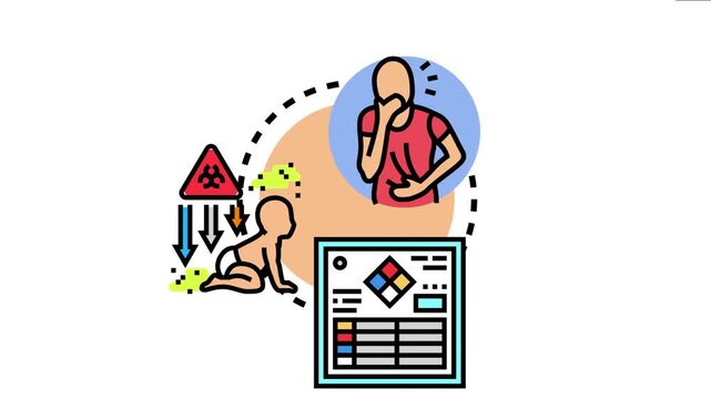 Person experiencing discomfort from chemical exposure, a crawling baby next to a biohazard symbol and chemical spills, and a safety data sheet the importance of chemical risk management