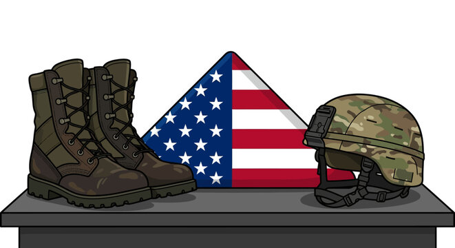 Memorial day tribute featuring a folded American flag, military combat boots, and a tactical helmet on a table symbolizing fallen soldiers and veteran sacrifice vector illustration