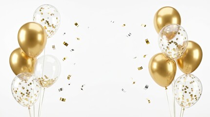 Naklejka premium Shiny gold balloons and confetti for a festive celebration Vector, illustration