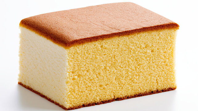 transparent castella sponge cake slice isolated on white background