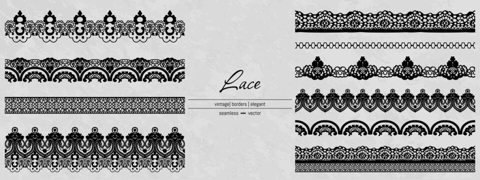 Black lace strip border and scallop trim stroke for antique table runner. Chantilly edge pattern with seamless decorative wavy cutwork. Ornate mat with floral gothic motif for print coquette banner.