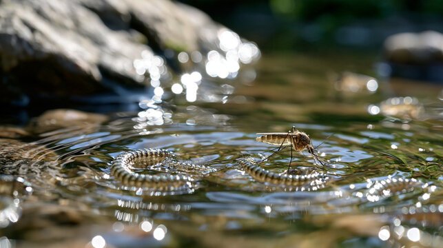 Detailed macro of mosquito larvae wriggling just beneath the water surface in a stagnant puddle, bright clean natural light, life cycle detail for prevention visuals