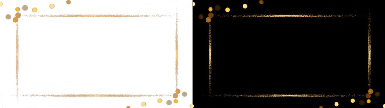 new year's eve celebration party overlay element - rectangle golden sparkle light trail frame border glow bokeh decorative effect, isolated on transparent and black background png