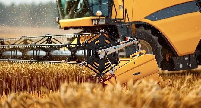 Modern agricultural combine harvester cutting and threshing ripe wheat in a field during the summer harvest season. Cutter bar machinery working on a farm, gathering the rich golden crop