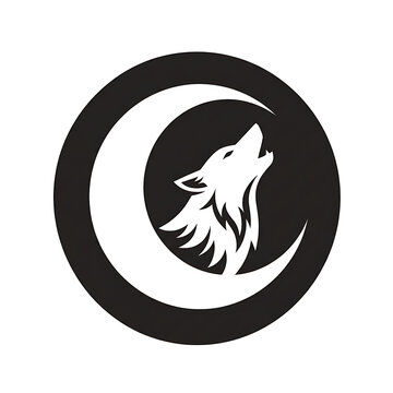 Graphic design of a howling wolf silhouette inside a crescent moon circle icon