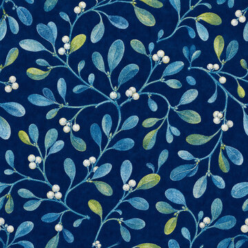 Mistletoe seamless pattern with pearl berries and contemporary blue botanical Christmas print texture