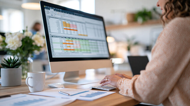Bright office desk over the shoulder view of a computer screen showing a spreadsheet with financial figures and colored cells, hands resting on the keyboard
