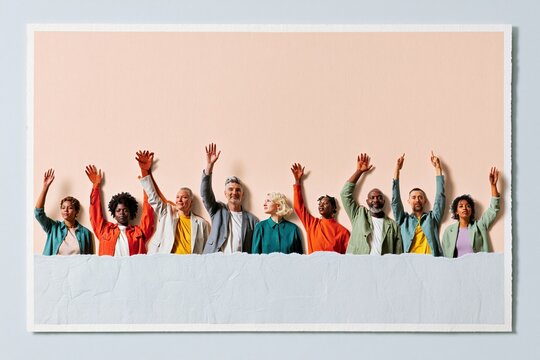 Diverse group of people with raised arms in a collage style, featuring torn paper edges and a warm textured background for festival and community campaigns