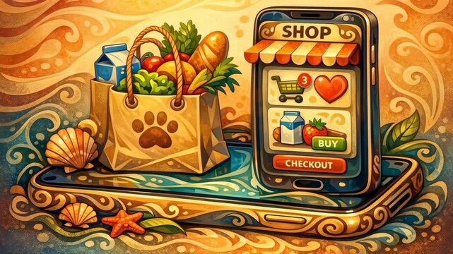 Mobile shopping app on a smartphone with grocery bag and beach scenery