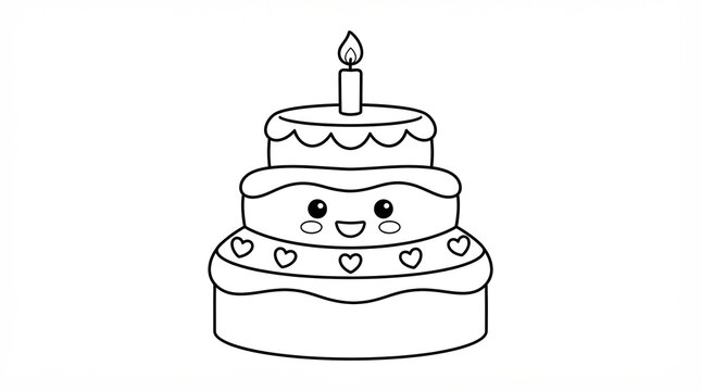 Cute kawaii birthday cake with a candle line art drawing