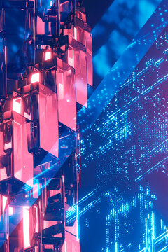 Abstract 3D futuristic technology background with glowing cyber circuit data patterns and crystalline glass blocks