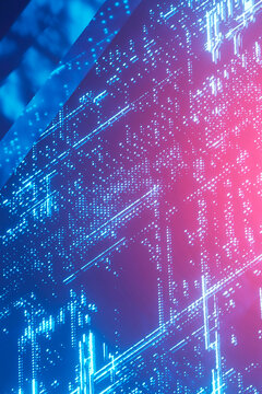 Abstract 3D futuristic technology background with glowing cyber circuit data patterns and crystalline glass blocks