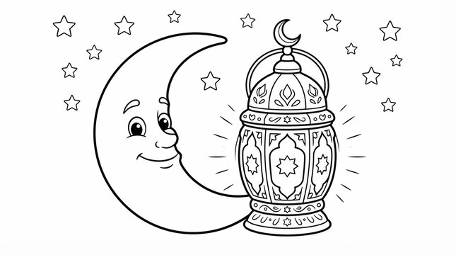 Cute cartoon crescent moon and ornate lantern for ramadan coloring page