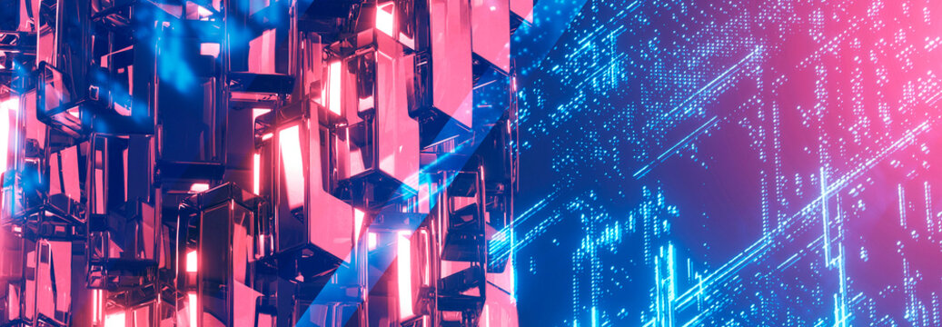 Abstract 3D futuristic technology background with glowing cyber circuit data patterns and crystalline glass blocks