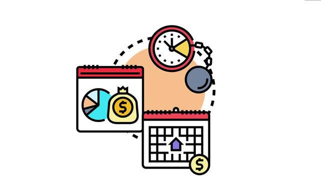 Concept showing calendars, money, a house, and a clock chained to a weight, symbolizing effective management of finances, reducing payment burdens, and planning for long term commitment
