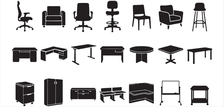 Furniture silhouette set featuring various types of office chairs desks tables and storage cabinets vector Illustrator Eps 10.eps