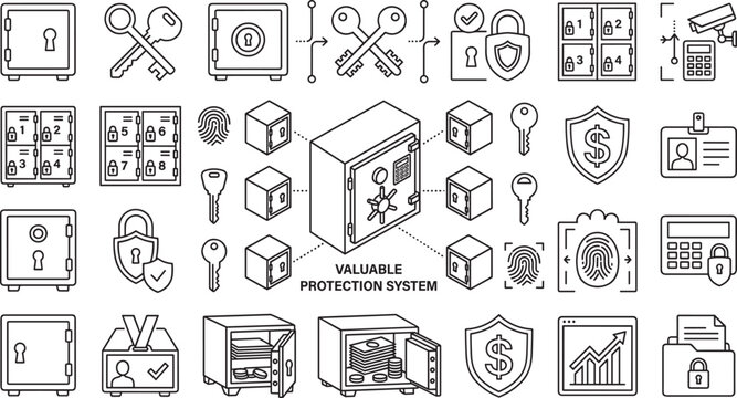 Valuable protection system line icon set featuring bank safe deposit box security keys shield fingerprint biometric access and digital data financial locker vector