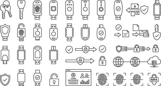 USB security token key and multi factor authentication thin line icon set for hardware data protection privacy encryption and identity verification