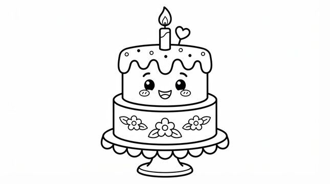 Cute birthday cake with a candle and heart decoration in a simple line art style