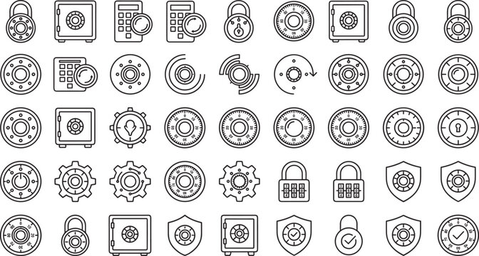 Combination lock dial and safe code security thin line icon set for financial deposit protection privacy control and mechanical lock system
