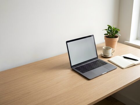 Modern minimalist workspace with laptop and plant on wooden desk