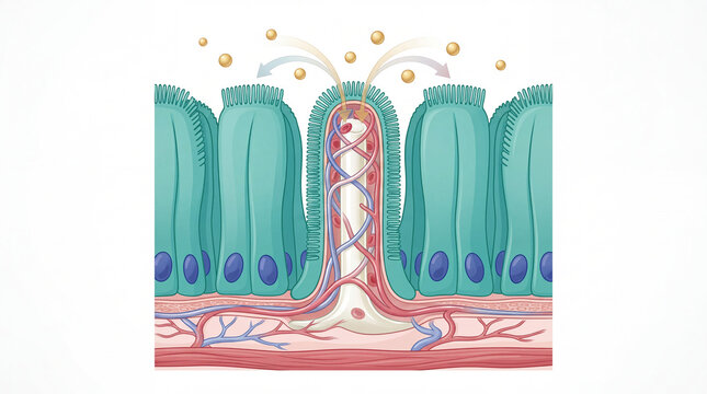 Intestinal villus structure and nutrient absorption illustrated in a detailed cross section diagram with lacteal, blood capillaries, enterocytes, and microvilli for medical education
