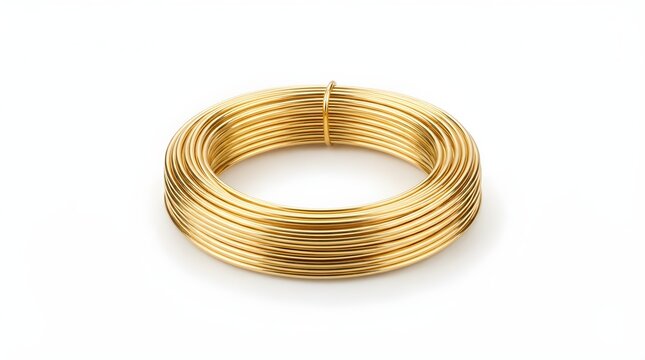  Gold craft wire coil isolated on white background with smooth circular loops, shiny brass color metal strands, flexible jewelry making supply, clean studio lighting, and minimal hardware product phot