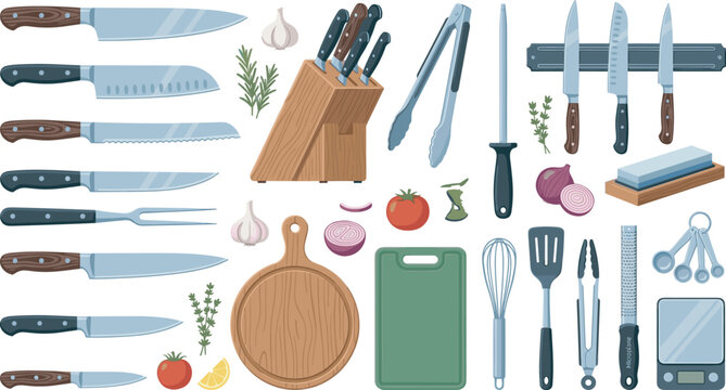 Kitchen knives and cooking utensils vector set featuring chef steel blades wooden knife block cutting boards magnetic strip sharpener and culinary preparation tools illustration