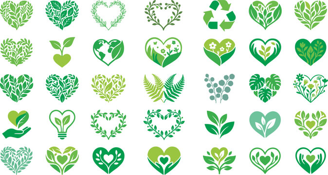 Eco friendly green leaves heart shape icons set featuring environmental recycling symbols nature conservation botany foliage care hands and organic bio logo concepts vector