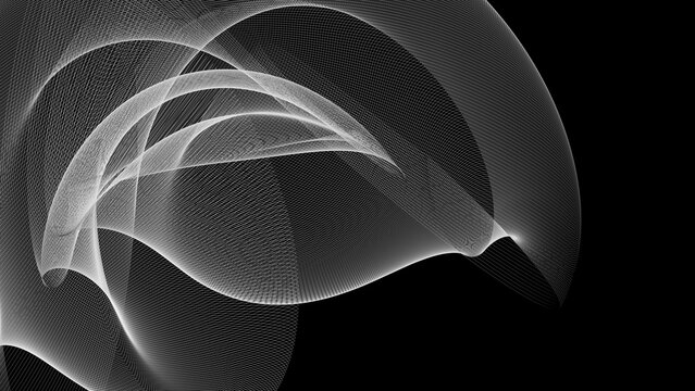 Luminous wireframe waves forming an abstract geometric composition.