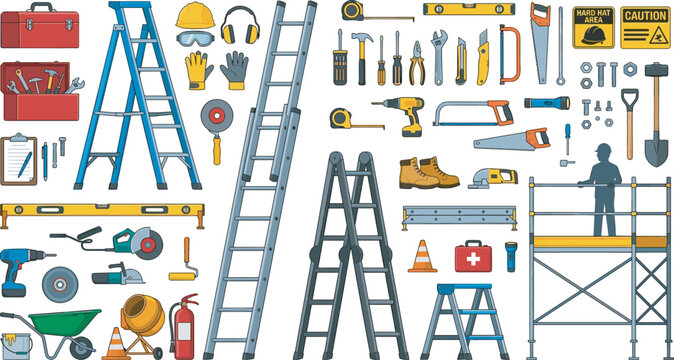 Construction tools and building equipment vector clip art collection featuring ladders scaffolding toolboxes safety helmets power saws drills and masonry hand tools illustration