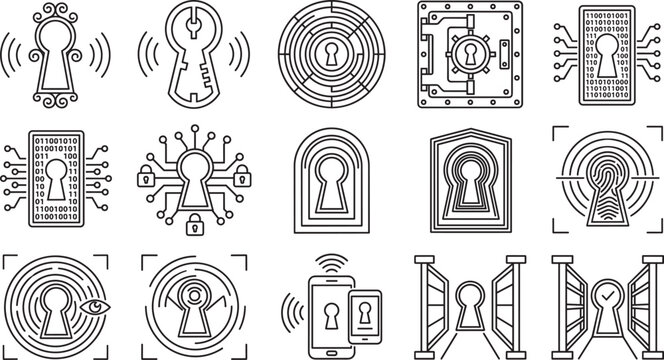 Cyber security keyhole line icon set featuring biometric fingerprint scanners smart locks digital binary data codes gate checkpoints and bank vault encryption vector