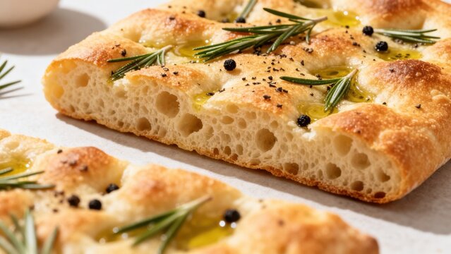 Italian focaccia bread, with a dimpled golden crust, brushed with olive oil and rosemary, served on a wooden cutting board with a side of balsamic vinegar and olive oil for dipping, representing a cla