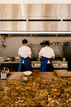 Wide shot of two expert chefs cooking haute cuisine in luxury kitchen
