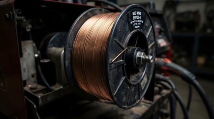 Fototapeta premium Copper welding wire spool mounted on machine in industrial workshop, black plastic reel with bronze wire coil, manufacturing tools, metal fabrication equipment, and professional factory product photo