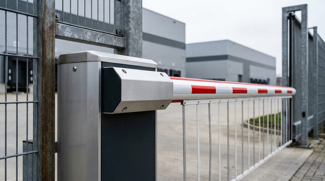 Automated security barrier gate controlling vehicle access at an industrial or commercial facility entrance.