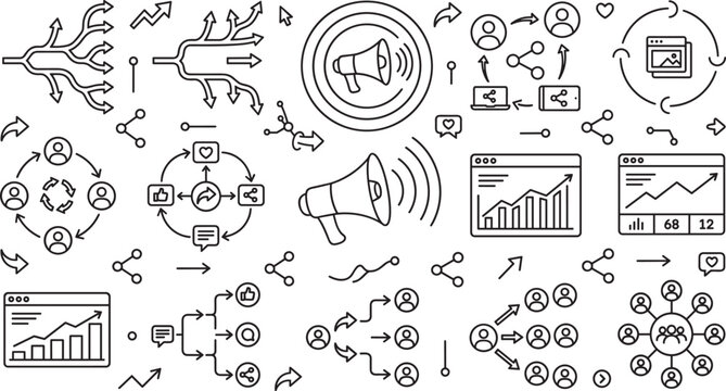 Digital marketing and viral social network line icons set featuring megaphones dashboard analytics data charts audience growth structures and communication workflow vector