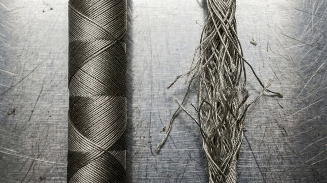 Close-up of tightly wound and frayed silver thread on a scratched metallic surface, showing contrast between neat and unraveled strands.