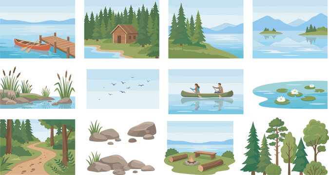 Lake camping and wilderness forest vector elements collection featuring mountain landscapes cozy log cabins canoe docks forest trails campfires and pine trees illustration