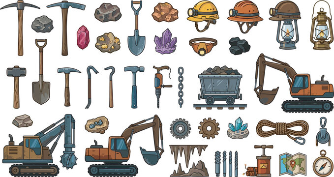 Underground mining industry vector elements set featuring heavy excavators mine carts pickaxes helmets lamps gemstones crystals and geology construction equipment illustration