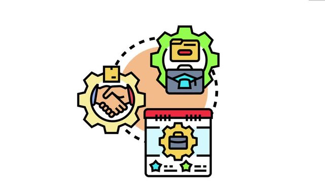 Business management process simulation icon showcasing interconnected gears symbolizing project planning. Data organization