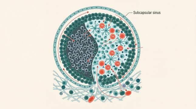 Lymph node diagram of germinal center showing Tfh cells and subcapsular sinus in clean flat educational scientific style, ideal for medical research, biology education, and textbooks