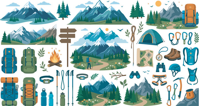 Mountain hiking and outdoor camping vector elements collection featuring mountain peaks backpacks campfire signpost boots compass map and climbing gear illustration