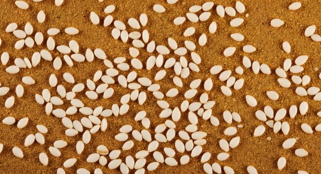 Sesame seeds spread densely over a rich golden brown spice surface.